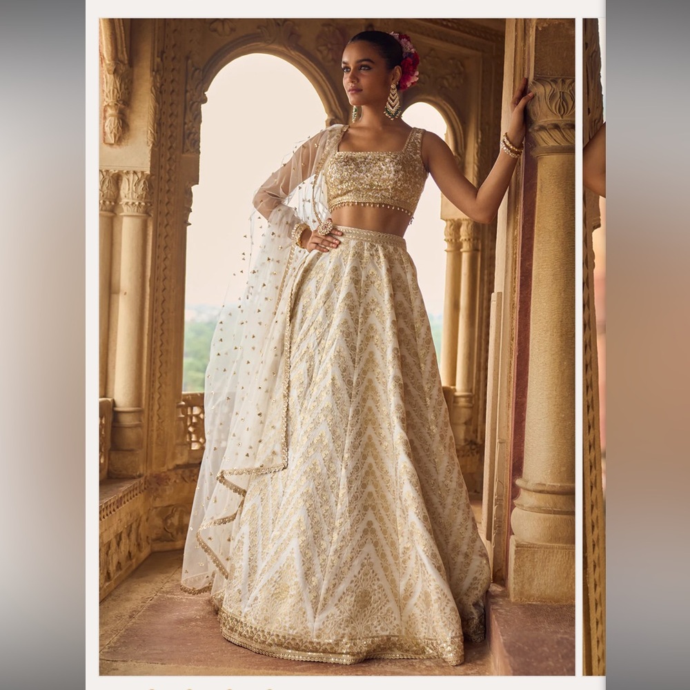 White Embroidered Brocade Lehenga